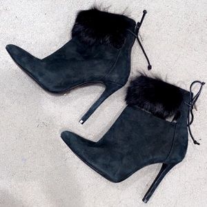 Schutz black suede heel booties with authentic fur trim